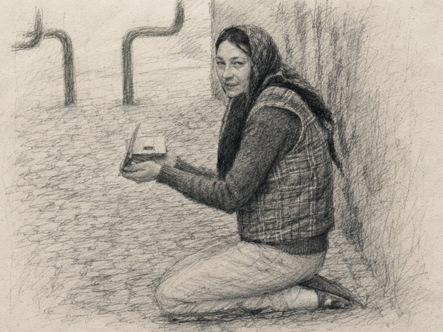 Person kneeling on Vicolo San Lazzaro