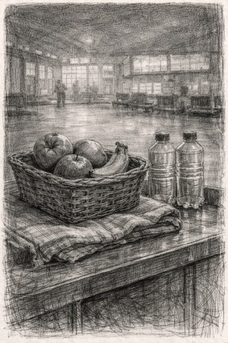 The fruit basket, the water and the blanket