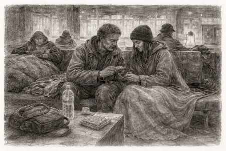 People wrapped in blankets